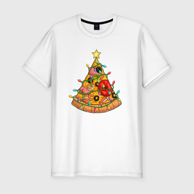 Мужская футболка хлопок Slim с принтом Новогодняя Пицца Елка в Екатеринбурге, 92% хлопок, 8% лайкра | приталенный силуэт, круглый вырез ворота, длина до линии бедра, короткий рукав | Тематика изображения на принте: christmas | pizza | гирлянда | елка | ель | звезда | новый год | пицца | рождество