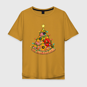 Мужская футболка хлопок Oversize с принтом Новогодняя Пицца Елка в Кировске, 100% хлопок | свободный крой, круглый ворот, “спинка” длиннее передней части | Тематика изображения на принте: christmas | pizza | гирлянда | елка | ель | звезда | новый год | пицца | рождество