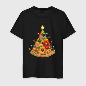 Мужская футболка хлопок с принтом Новогодняя Пицца Елка в Тюмени, 100% хлопок | прямой крой, круглый вырез горловины, длина до линии бедер, слегка спущенное плечо. | christmas | pizza | гирлянда | елка | ель | звезда | новый год | пицца | рождество
