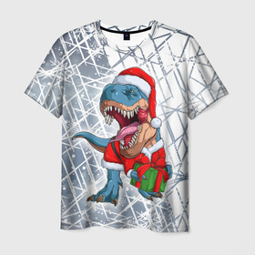 Мужская футболка 3D с принтом Санта Динозавр   Dinosanta в Тюмени, 100% полиэфир | прямой крой, круглый вырез горловины, длина до линии бедер | christmas | dinosaur | santa | дед мороз | динозавр | елка | зима | новый год | подарок | рождество | санта | снег | снежинка