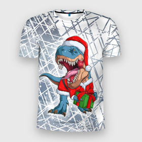 Мужская футболка 3D спортивная с принтом Санта Динозавр   Dinosanta в Курске, 100% полиэстер с улучшенными характеристиками | приталенный силуэт, круглая горловина, широкие плечи, сужается к линии бедра | Тематика изображения на принте: christmas | dinosaur | santa | дед мороз | динозавр | елка | зима | новый год | подарок | рождество | санта | снег | снежинка