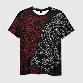 Мужская футболка 3D с принтом БЕЛО КРАСНЫЙ ДРАКОН   RED WHITE DRAGON в Санкт-Петербурге, 100% полиэфир | прямой крой, круглый вырез горловины, длина до линии бедер | china | dragon | japan | neon | texture | драконы | китай | мифология | неон | неоновые драконы | текстура | япония