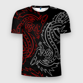 Мужская футболка 3D Slim с принтом БЕЛО КРАСНЫЙ ДРАКОН   RED WHITE DRAGON в Белгороде, 100% полиэстер с улучшенными характеристиками | приталенный силуэт, круглая горловина, широкие плечи, сужается к линии бедра | china | dragon | japan | neon | texture | драконы | китай | мифология | неон | неоновые драконы | текстура | япония