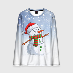 Мужской лонгслив 3D с принтом Веселый Снеговик   Happy Snowman в Санкт-Петербурге, 100% полиэстер | длинные рукава, круглый вырез горловины, полуприлегающий силуэт | christmas | santa | snowman | дед мороз | елка | зима | новый год | рождество | санта | снег | снеговик | снегурочка | снежинка