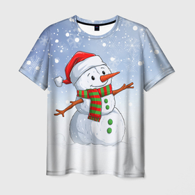Мужская футболка 3D с принтом Веселый Снеговик   Happy Snowman в Санкт-Петербурге, 100% полиэфир | прямой крой, круглый вырез горловины, длина до линии бедер | christmas | santa | snowman | дед мороз | елка | зима | новый год | рождество | санта | снег | снеговик | снегурочка | снежинка