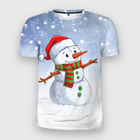Мужская футболка 3D спортивная с принтом Веселый Снеговик   Happy Snowman в Курске, 100% полиэстер с улучшенными характеристиками | приталенный силуэт, круглая горловина, широкие плечи, сужается к линии бедра | christmas | santa | snowman | дед мороз | елка | зима | новый год | рождество | санта | снег | снеговик | снегурочка | снежинка
