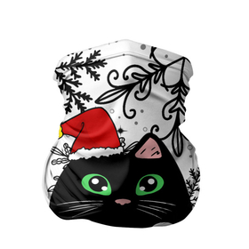 Бандана-труба 3D с принтом Новогодний кот в колпаке Санты в Санкт-Петербурге, 100% полиэстер, ткань с особыми свойствами — Activecool | плотность 150‒180 г/м2; хорошо тянется, но сохраняет форму | black cat | cat | christmas | kitten | kitty | merry christmas | new year | new year cat | santa | snow | snowflakes | winter | зима | киска | колпак | кот | котенок | кошак | новогодний кот | новый год | подарок | рождество | санта | снег 