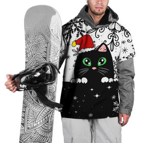 Накидка на куртку 3D с принтом Новогодний кот в колпаке Санты в Тюмени, 100% полиэстер |  | black cat | cat | christmas | kitten | kitty | merry christmas | new year | new year cat | santa | snow | snowflakes | winter | зима | киска | колпак | кот | котенок | кошак | новогодний кот | новый год | подарок | рождество | санта | снег 