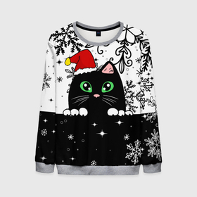 Мужской свитшот 3D с принтом Новогодний кот в колпаке Санты в Тюмени, 100% полиэстер с мягким внутренним слоем | круглый вырез горловины, мягкая резинка на манжетах и поясе, свободная посадка по фигуре | Тематика изображения на принте: black cat | cat | christmas | kitten | kitty | merry christmas | new year | new year cat | santa | snow | snowflakes | winter | зима | киска | колпак | кот | котенок | кошак | новогодний кот | новый год | подарок | рождество | санта | снег 