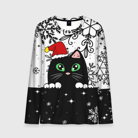 Мужской лонгслив 3D с принтом Новогодний кот в колпаке Санты в Новосибирске, 100% полиэстер | длинные рукава, круглый вырез горловины, полуприлегающий силуэт | Тематика изображения на принте: black cat | cat | christmas | kitten | kitty | merry christmas | new year | new year cat | santa | snow | snowflakes | winter | зима | киска | колпак | кот | котенок | кошак | новогодний кот | новый год | подарок | рождество | санта | снег 