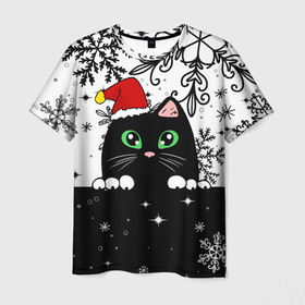 Мужская футболка 3D с принтом Новогодний кот в колпаке Санты в Тюмени, 100% полиэфир | прямой крой, круглый вырез горловины, длина до линии бедер | Тематика изображения на принте: black cat | cat | christmas | kitten | kitty | merry christmas | new year | new year cat | santa | snow | snowflakes | winter | зима | киска | колпак | кот | котенок | кошак | новогодний кот | новый год | подарок | рождество | санта | снег 