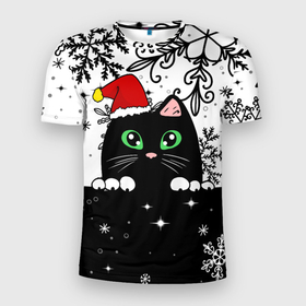 Мужская футболка 3D спортивная с принтом Новогодний кот в колпаке Санты в Курске, 100% полиэстер с улучшенными характеристиками | приталенный силуэт, круглая горловина, широкие плечи, сужается к линии бедра | Тематика изображения на принте: black cat | cat | christmas | kitten | kitty | merry christmas | new year | new year cat | santa | snow | snowflakes | winter | зима | киска | колпак | кот | котенок | кошак | новогодний кот | новый год | подарок | рождество | санта | снег 