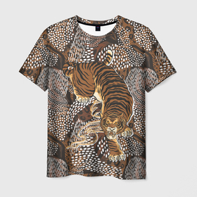 Мужская футболка 3D с принтом Тигр в засаде в Петрозаводске, 100% полиэфир | прямой крой, круглый вырез горловины, длина до линии бедер | большая кошка | дикий | животное | паттерн | тигр | хищник