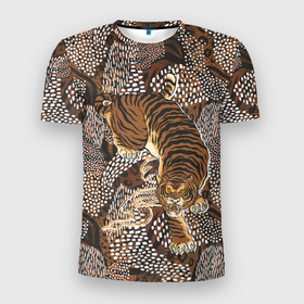 Мужская футболка 3D Slim с принтом Тигр в засаде в Кировске, 100% полиэстер с улучшенными характеристиками | приталенный силуэт, круглая горловина, широкие плечи, сужается к линии бедра | большая кошка | дикий | животное | паттерн | тигр | хищник