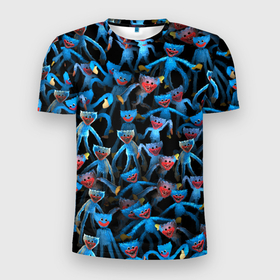 Мужская футболка 3D Slim с принтом Толпа Хагги Вагги в Курске, 100% полиэстер с улучшенными характеристиками | приталенный силуэт, круглая горловина, широкие плечи, сужается к линии бедра | huggy wuggy | poppy playtime | монстр | паттерн | персонаж | синий | хагги вагги