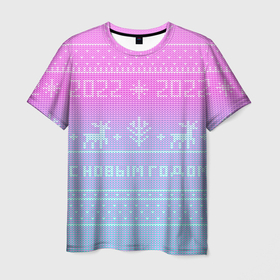 Мужская футболка 3D с принтом С новым годом олени 2022 в Тюмени, 100% полиэфир | прямой крой, круглый вырез горловины, длина до линии бедер | 2022 | вязанный принт | вязаные олени | новый год | олени на свитере | пиксели | розовый градиент