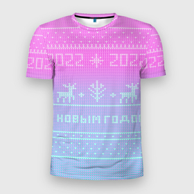 Мужская футболка 3D спортивная с принтом С новым годом олени 2022 в Белгороде, 100% полиэстер с улучшенными характеристиками | приталенный силуэт, круглая горловина, широкие плечи, сужается к линии бедра | Тематика изображения на принте: 2022 | вязанный принт | вязаные олени | новый год | олени на свитере | пиксели | розовый градиент