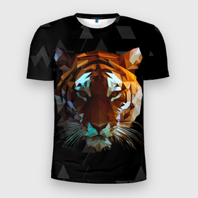 Мужская футболка 3D Slim с принтом Тигр стиль Low poly в Белгороде, 100% полиэстер с улучшенными характеристиками | приталенный силуэт, круглая горловина, широкие плечи, сужается к линии бедра | low poly | tiger | восточный тигр | год тигра | кошка | лоу поли | тигр | тигренок