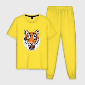 Мужская пижама хлопок с принтом Свирепый тигр стиль low poly в Петрозаводске, 100% хлопок | брюки и футболка прямого кроя, без карманов, на брюках мягкая резинка на поясе и по низу штанин
 | low poly | tiger | восточный тигр | год тигра | кошка | лоу поли | тигр | тигренок
