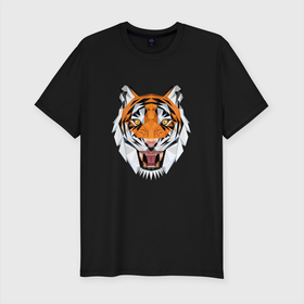 Мужская футболка хлопок Slim с принтом Свирепый тигр стиль low poly в Курске, 92% хлопок, 8% лайкра | приталенный силуэт, круглый вырез ворота, длина до линии бедра, короткий рукав | low poly | tiger | восточный тигр | год тигра | кошка | лоу поли | тигр | тигренок