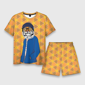 Мужской костюм с шортами 3D с принтом Стильный Тигр в очках  фурри в Тюмени,  |  | furry | low poly | tiger | восточный тигр | год тигра | кошка | лоу поли | тигр | тигренок | фурри