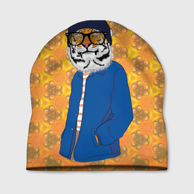 Шапка 3D с принтом Стильный Тигр в очках  фурри в Тюмени, 100% полиэстер | универсальный размер, печать по всей поверхности изделия | furry | low poly | tiger | восточный тигр | год тигра | кошка | лоу поли | тигр | тигренок | фурри