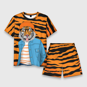 Мужской костюм с шортами 3D с принтом Тигр фурри на стиле в Кировске,  |  | furry | tiger | восточный тигр | год тигра | кошка | лоу поли | тигр | тигренок | хищник