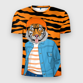 Мужская футболка 3D Slim с принтом Тигр фурри на стиле в Белгороде, 100% полиэстер с улучшенными характеристиками | приталенный силуэт, круглая горловина, широкие плечи, сужается к линии бедра | furry | tiger | восточный тигр | год тигра | кошка | лоу поли | тигр | тигренок | хищник