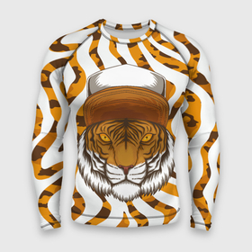 Мужской рашгард 3D с принтом Тигр в кепке в Екатеринбурге,  |  | furry | tiger | восточный тигр | год тигра | кошка | тигр | тигренок | фурри | хищник