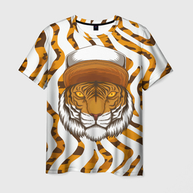 Мужская футболка 3D с принтом Тигр в кепке , 100% полиэфир | прямой крой, круглый вырез горловины, длина до линии бедер | furry | tiger | восточный тигр | год тигра | кошка | тигр | тигренок | фурри | хищник