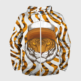 Мужская ветровка 3D с принтом Тигр в кепке в Тюмени, 100% полиэстер | подол и капюшон оформлены резинкой с фиксаторами, два кармана без застежек по бокам, один потайной карман на груди | Тематика изображения на принте: furry | tiger | восточный тигр | год тигра | кошка | тигр | тигренок | фурри | хищник