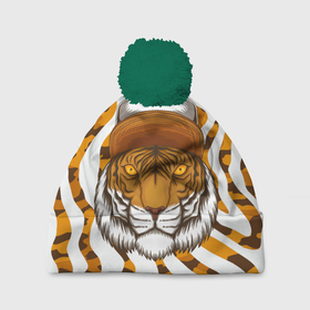 Шапка 3D c помпоном с принтом Тигр в кепке в Белгороде, 100% полиэстер | универсальный размер, печать по всей поверхности изделия | furry | tiger | восточный тигр | год тигра | кошка | тигр | тигренок | фурри | хищник