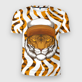 Мужская футболка 3D Slim с принтом Тигр в кепке в Белгороде, 100% полиэстер с улучшенными характеристиками | приталенный силуэт, круглая горловина, широкие плечи, сужается к линии бедра | furry | tiger | восточный тигр | год тигра | кошка | тигр | тигренок | фурри | хищник