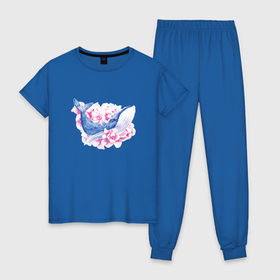 Женская пижама хлопок с принтом Кит в цветах в Петрозаводске, 100% хлопок | брюки и футболка прямого кроя, без карманов, на брюках мягкая резинка на поясе и по низу штанин | акварель | животное | кит | китенок | море | морской | цветы