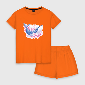 Женская пижама с шортиками хлопок с принтом Кит в цветах , 100% хлопок | футболка прямого кроя, шорты свободные с широкой мягкой резинкой | акварель | животное | кит | китенок | море | морской | цветы