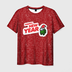Мужская футболка 3D с принтом Новогодний Among Us. в Санкт-Петербурге, 100% полиэфир | прямой крой, круглый вырез горловины, длина до линии бедер | игра | контур | надпись | паттерн | персонаж