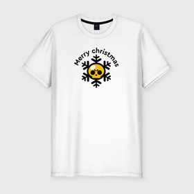 Мужская футболка хлопок Slim с принтом Brawl Stars снежинка в Тюмени, 92% хлопок, 8% лайкра | приталенный силуэт, круглый вырез ворота, длина до линии бедра, короткий рукав | игра | лого | надпись | снежинка | череп