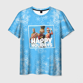 Мужская футболка 3D с принтом Happy holidays Fortnite в Санкт-Петербурге, 100% полиэфир | прямой крой, круглый вырез горловины, длина до линии бедер | игра | персонажи | снег | снежинки | фото