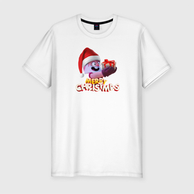 Мужская футболка хлопок Slim с принтом Merry christmas Brawl Stars. в Тюмени, 92% хлопок, 8% лайкра | приталенный силуэт, круглый вырез ворота, длина до линии бедра, короткий рукав | дед | коробка | надпись | персонаж | подарок | шапка