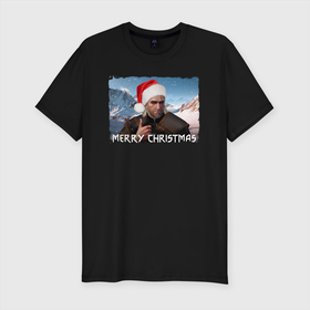 Мужская футболка хлопок Slim с принтом Ведьмак merry christmas в Белгороде, 92% хлопок, 8% лайкра | приталенный силуэт, круглый вырез ворота, длина до линии бедра, короткий рукав | горы | мужчина | охотник | персонаж | шапка
