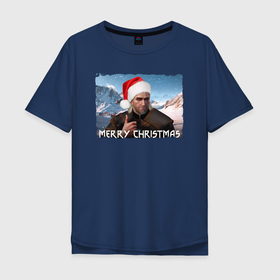 Мужская футболка хлопок Oversize с принтом Ведьмак merry christmas в Санкт-Петербурге, 100% хлопок | свободный крой, круглый ворот, “спинка” длиннее передней части | горы | мужчина | охотник | персонаж | шапка