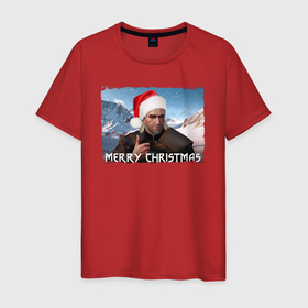 Мужская футболка хлопок с принтом Ведьмак merry christmas в Новосибирске, 100% хлопок | прямой крой, круглый вырез горловины, длина до линии бедер, слегка спущенное плечо. | горы | мужчина | охотник | персонаж | шапка