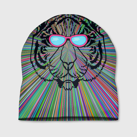 Шапка 3D с принтом Тигр в розовых очках в Тюмени, 100% полиэстер | универсальный размер, печать по всей поверхности изделия | Тематика изображения на принте: furry | tiger | в очках | восточный тигр | год тигра | кошка | тигр | тигренок | фурри | хищник