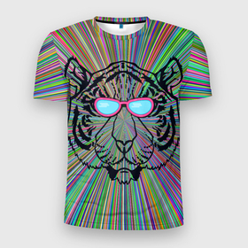 Мужская футболка 3D Slim с принтом Тигр в розовых очках в Тюмени, 100% полиэстер с улучшенными характеристиками | приталенный силуэт, круглая горловина, широкие плечи, сужается к линии бедра | furry | tiger | в очках | восточный тигр | год тигра | кошка | тигр | тигренок | фурри | хищник
