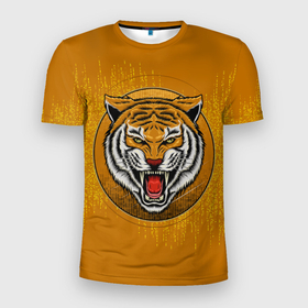 Мужская футболка 3D Slim с принтом Голова свирепого  тигра в Белгороде, 100% полиэстер с улучшенными характеристиками | приталенный силуэт, круглая горловина, широкие плечи, сужается к линии бедра | Тематика изображения на принте: tiger | восточный тигр | год тигра | голова | кошка | тигр | тигренок | хищник