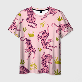 Мужская футболка 3D с принтом Розовые тигры паттерн , 100% полиэфир | прямой крой, круглый вырез горловины, длина до линии бедер | tiger | восточный тигр | год тигра | кошка | паттерн | тигр | тигренок | хищник