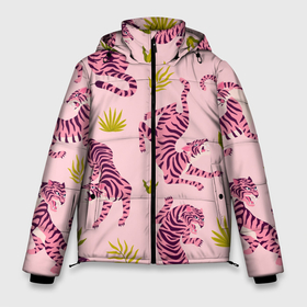 Мужская зимняя куртка 3D с принтом Розовые тигры паттерн , верх — 100% полиэстер; подкладка — 100% полиэстер; утеплитель — 100% полиэстер | длина ниже бедра, свободный силуэт Оверсайз. Есть воротник-стойка, отстегивающийся капюшон и ветрозащитная планка. 

Боковые карманы с листочкой на кнопках и внутренний карман на молнии. | tiger | восточный тигр | год тигра | кошка | паттерн | тигр | тигренок | хищник
