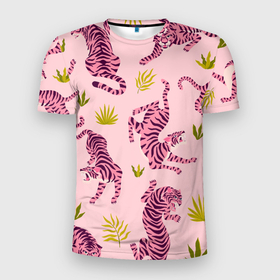 Мужская футболка 3D Slim с принтом Розовые тигры паттерн в Кировске, 100% полиэстер с улучшенными характеристиками | приталенный силуэт, круглая горловина, широкие плечи, сужается к линии бедра | tiger | восточный тигр | год тигра | кошка | паттерн | тигр | тигренок | хищник