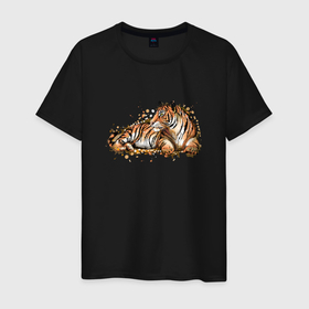 Мужская футболка хлопок с принтом Тигр лежит , 100% хлопок | прямой крой, круглый вырез горловины, длина до линии бедер, слегка спущенное плечо. | Тематика изображения на принте: tiger | восточный тигр | год тигра | кошка | тигр | тигренок | хищник