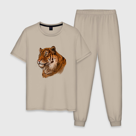 Мужская пижама хлопок с принтом Тигр маслом в Тюмени, 100% хлопок | брюки и футболка прямого кроя, без карманов, на брюках мягкая резинка на поясе и по низу штанин
 | 2022 | иллюстрация | новый год | рисунок | скетч | тигр